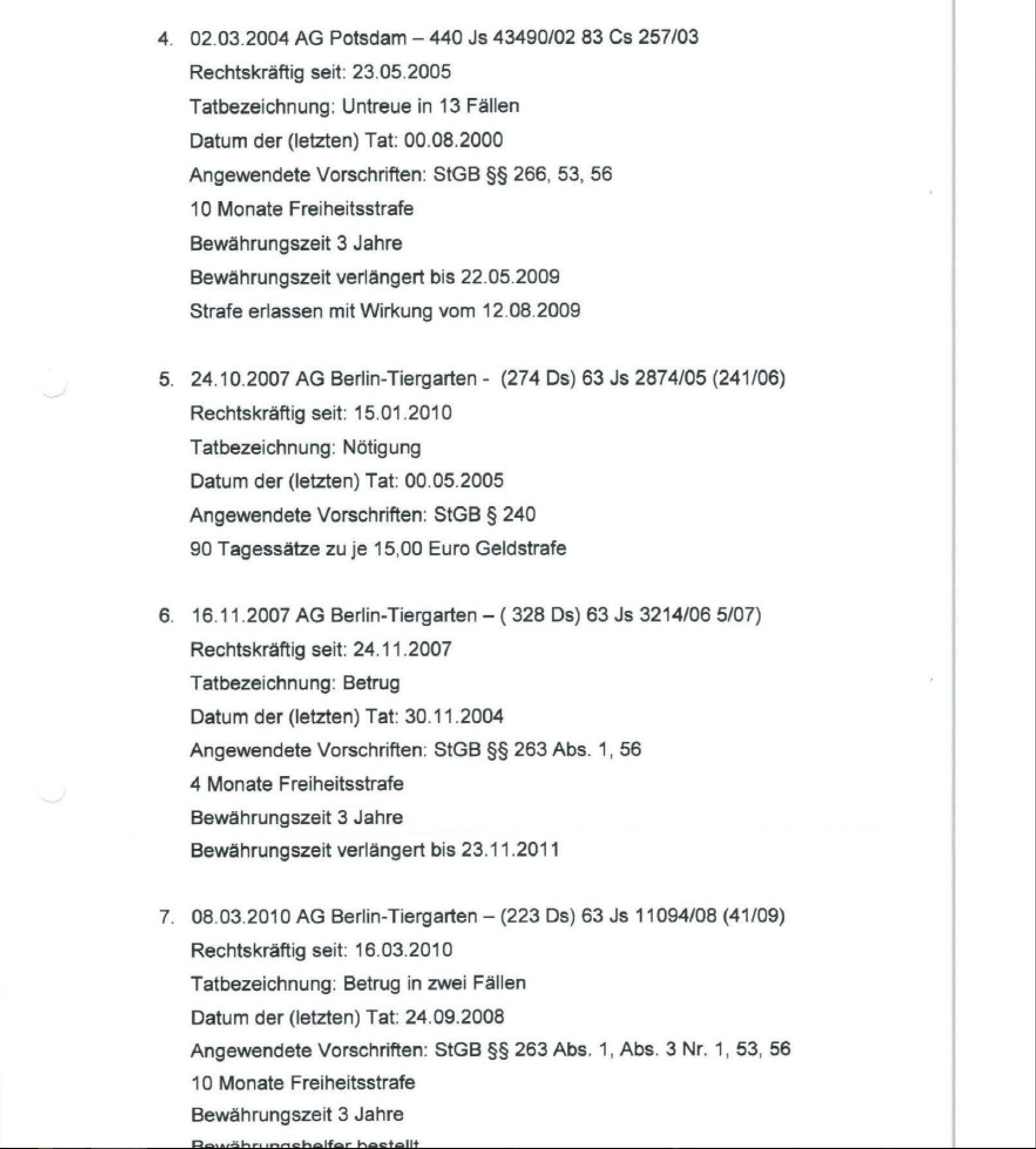 Liste von Fuhrmanns Vorstrafen lt. Gerichtsurteil vom 19.02.2014