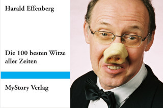 Harald Effenberg mit Schweinenase und Cover seines Buches 'Die 100 besten Witze aller Zeiten'